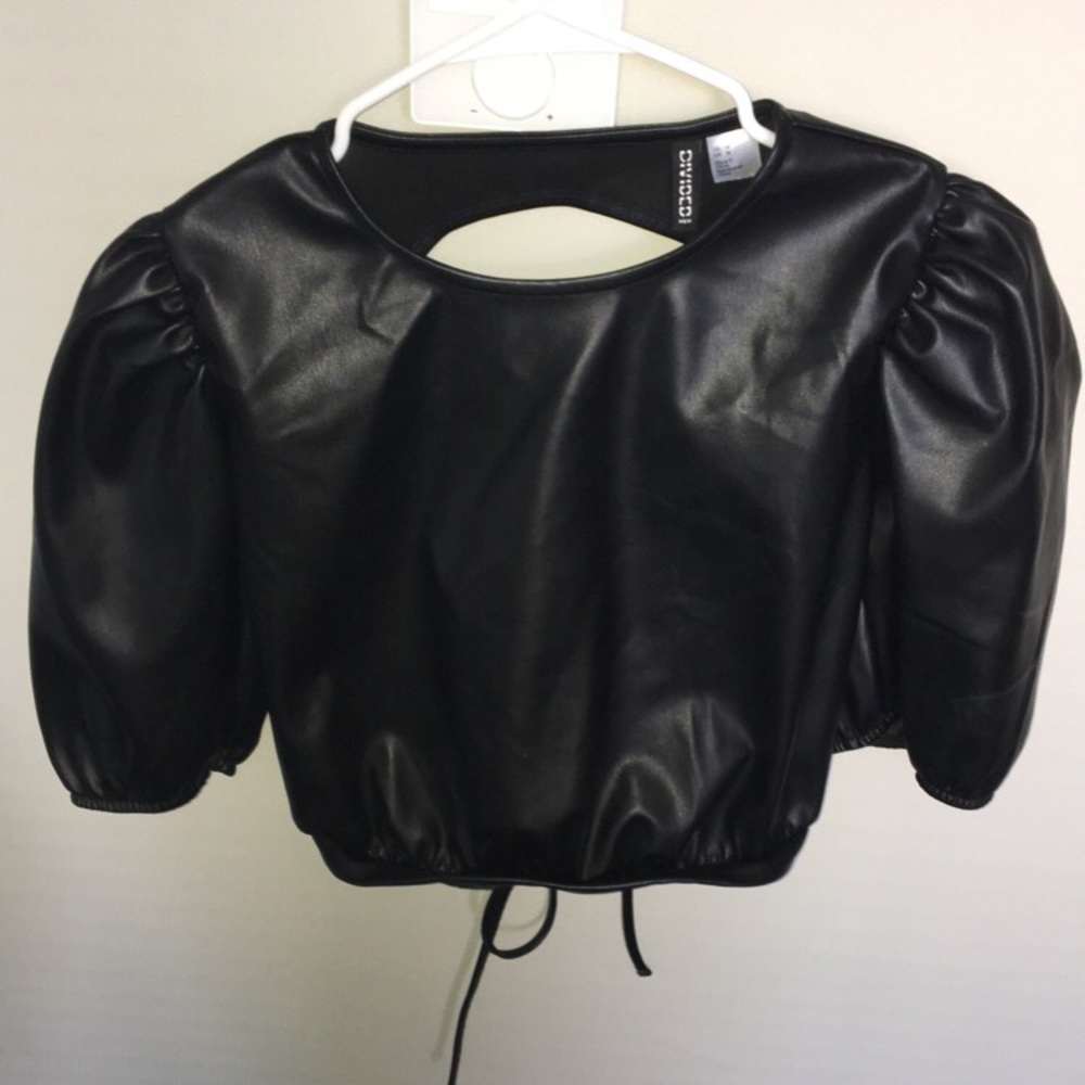 H&M Divided Black Leather cropped top, open back with tie